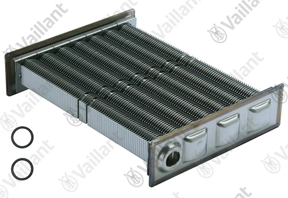 Wärmetauscher mit gerippter Metalloberfläche und zwei O-Ringen, geeignet für Vaillant Heizsysteme.